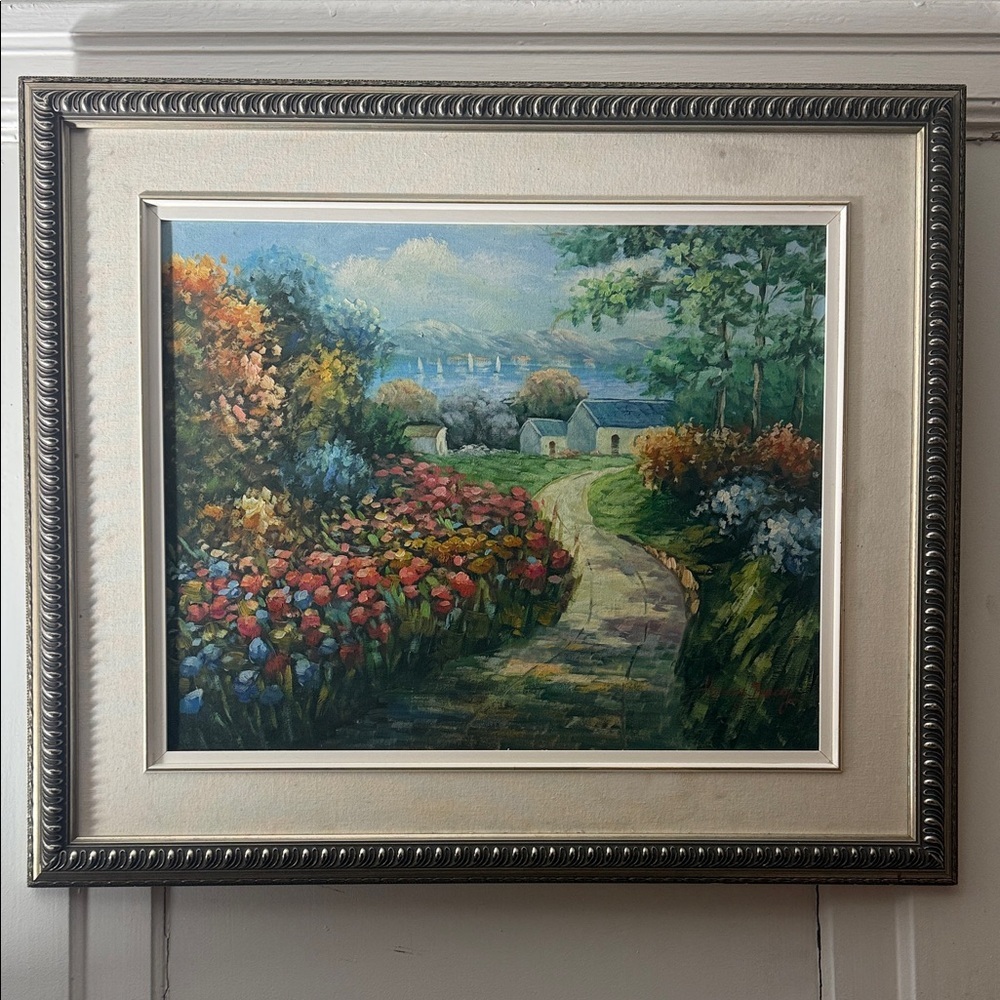 Henry Tracey Oil Landscape Painting Gardenpath cottage sailboats 28x23.75 in